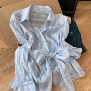 Blue Striped Waist Tie Oversized Shirt